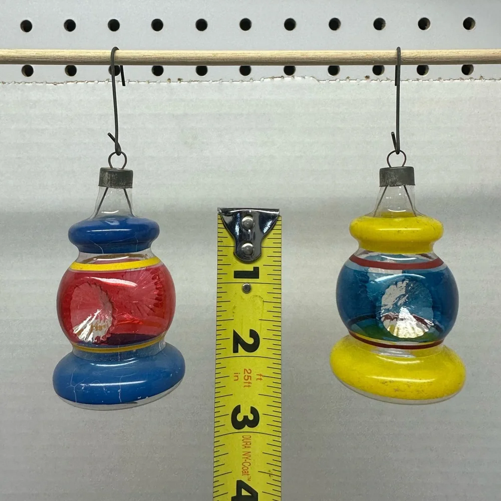 2 Vintage Unsilvered Premier Railroad Lantern Double Indent Christmas Ornament